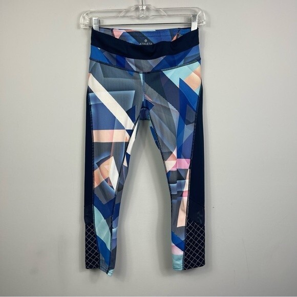 Athleta Electric Geo Sonar Capri Leggings Yoga Gym Back Zip Pocket Mesh Panel XS - Picture 7 of 16